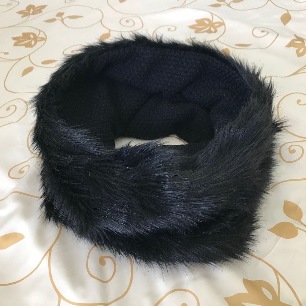 Faux Fur Cowl Hood Scarf, Black, Long Haired